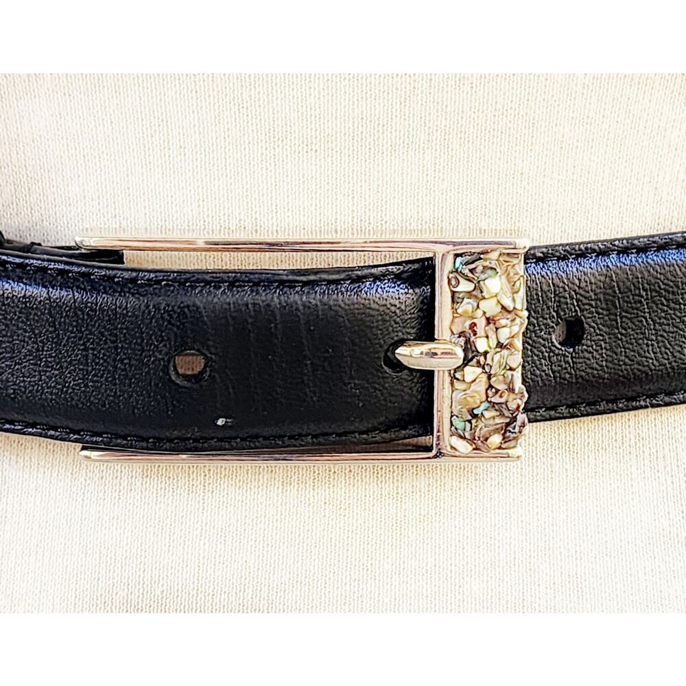Fina Firenze Italian Black Leather Belt Sz S Silver Buckle w/ Iridescent Stones